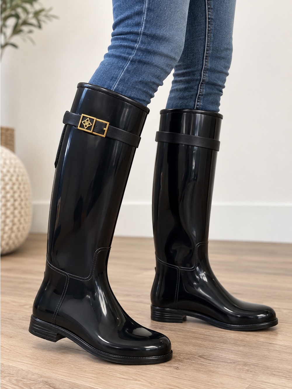 dav Black Gloss Tall Rain Boots with Gold Buckle - Women size 7 - tall outdoor